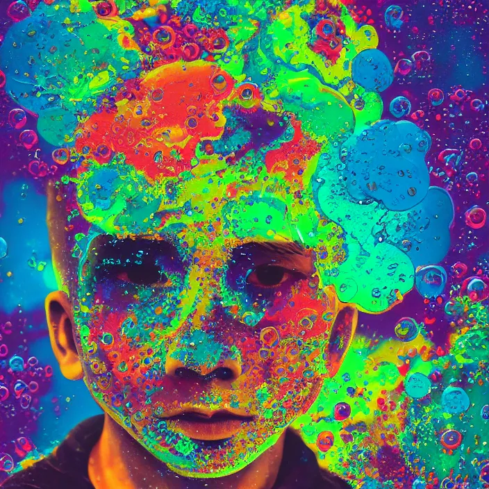 Image similar to illustration of a colorful melting human head of asian boy. acrylic bubbles and flowers, ferrofluids, water distortions. intricate abstract. intricate artwork. colortheme by beeple