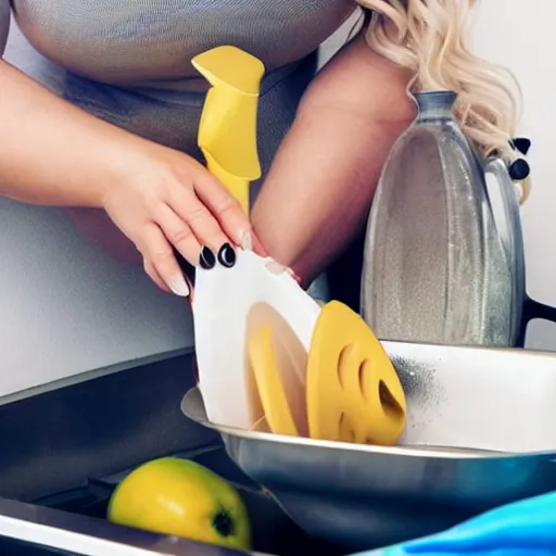 Prompt: closeup shot of trisha paytas doing the dishes