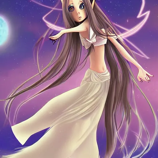 Prompt: digital art long hair anime lady ELF dancing in the moonlight l by Sakimichan