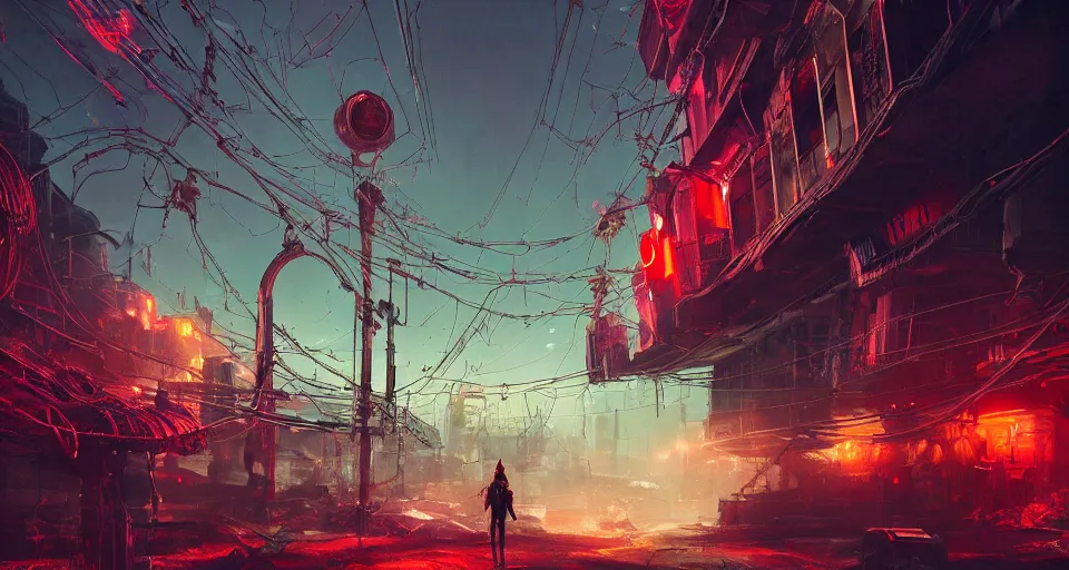 Image similar to beautiful low angle painting of ab alien world with unknown structures and technology, steampunk, wires everywhere, junk on the ground, neon lights, red neon highlights, a tiny girl watching on, moody atmosphere, epic composition, dramatic lighting, trending on artstation, octane render, by robert zemeckis