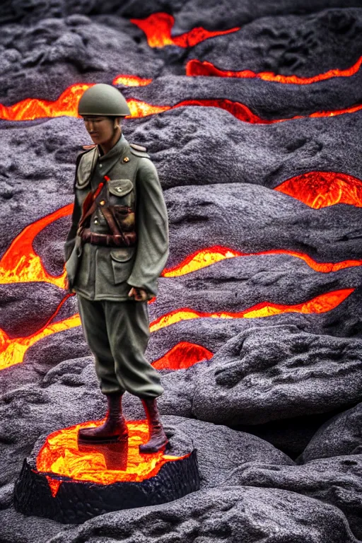 Image similar to japan world war soldier swimming on lava mountain, - photorealistic, photography, smoth, aesthetic lighting, dynamic proportion, baroque object, pullitzer winning, photo by : canon eos 5 d mark iv, versatile, lens interoperability, autofocus, 4 k uhd video capture at 3 0 fps, by karah mew