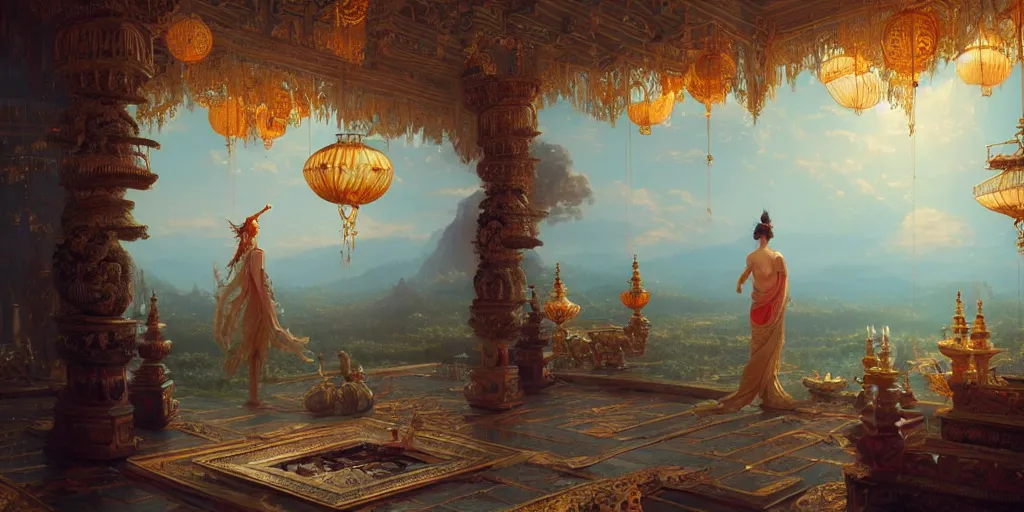 Image similar to painting of a god of wind enjoying his ornate heavenly palace, decorated with windchimes and paper lanterns, stunning nature in background, cinematic, 8 k, hyper detailed, art by greg rutkowski