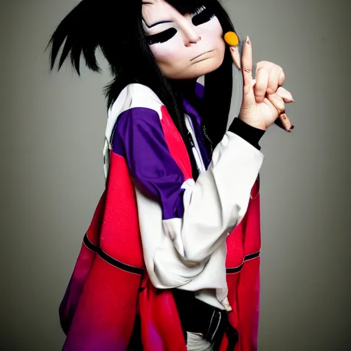 Prompt: portrait photography of Noodle from gorillaz as a human ,Noodle is a short and thin Japanese woman with short hair and almond-shaped eyes. Her skin generally has a warm olive tone and she tends to wear a small amount of makeup, which usually consists of painted fingernails and eye shadow. Noodle's hair is short dark purple or black, she wears classic kimono jackets on top of kimono shirts