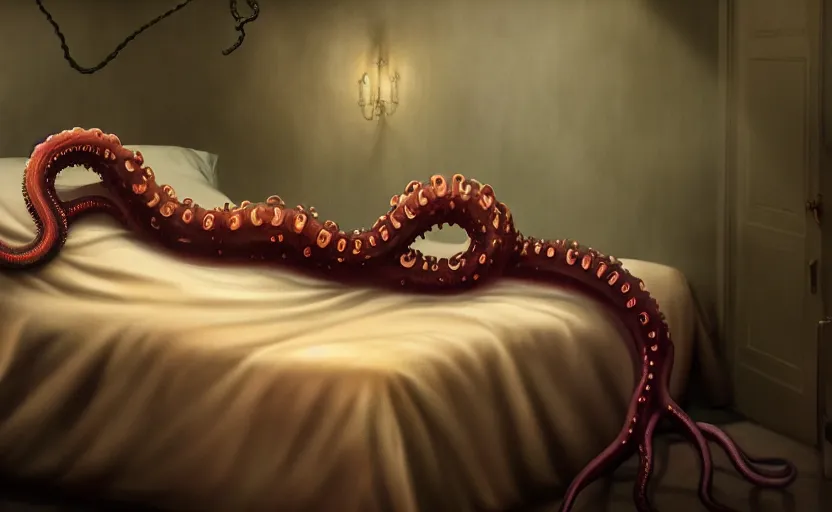 Image similar to matte oil painting of a lovecraftian tentacle creature crawling onto a bed inside a bedroom, extremely graphic, disturbing, cinematic, 4 k, 8 k