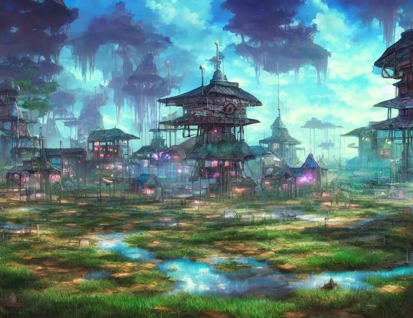 Prompt: futuristic fantasy village at a mire. this air brush painting by the award - winning anime artist has an interesting color scheme, plenty of details and impeccable lighting.