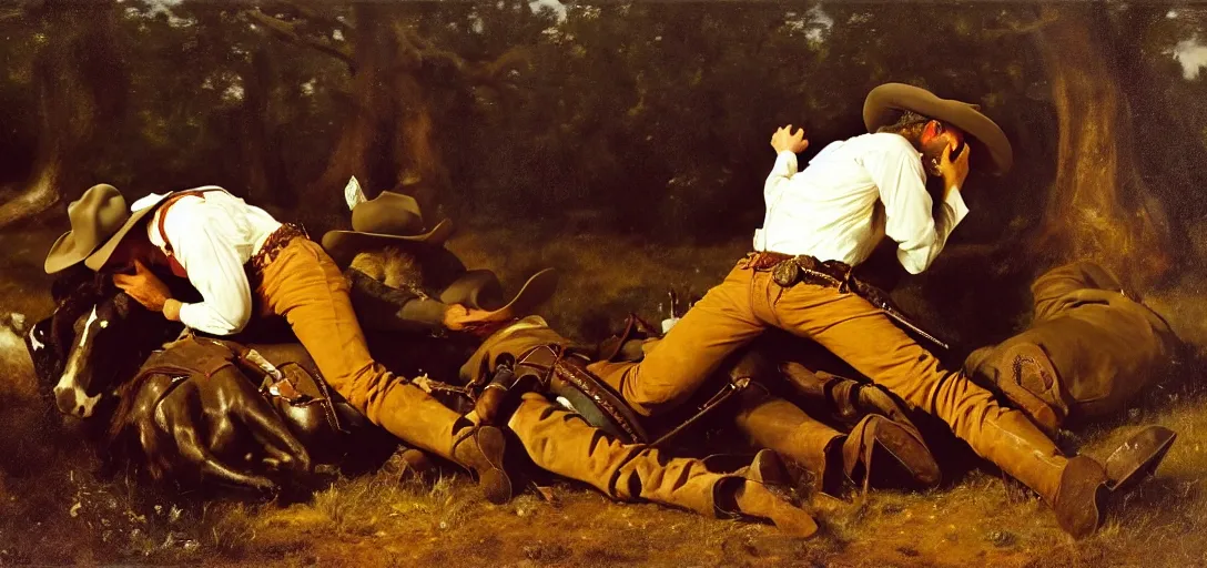 Image similar to a cowboy bleeding out after being shot by eugene von guerard, ivan shishk, rosa bonheurn, john singer sargent, 4 k