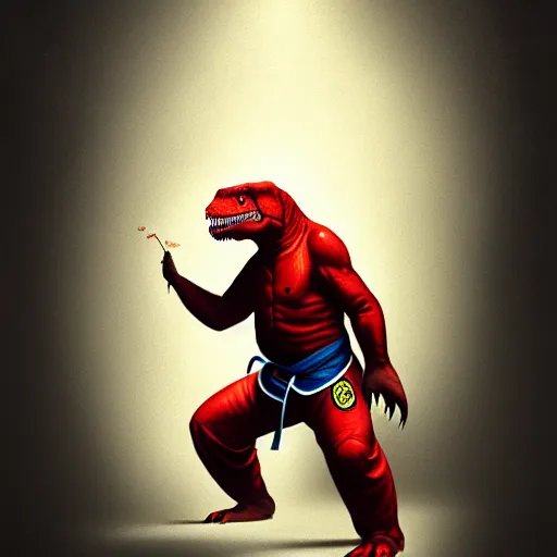 Prompt: t - rex in a karate suit, practicing martial arts, diffuse lighting, fantasy, highly detailed, photorealistic, digital painting, artstation, illustration, concept art, smooth, sharp focus, in the style of tom bagshaw
