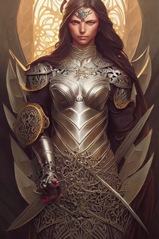 Image similar to Muscular and powerful medieval knight portrait, art nouveau, fantasy, intricate flower designs, elegant, highly detailed, sharp focus, art by Artgerm and Greg Rutkowski