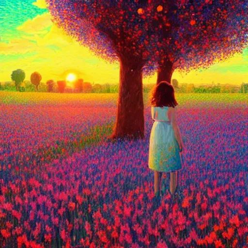 Image similar to girl with made of flower, standing in a flower field, big trees, sunrise dramatic light, impressionist painting, colorful clouds, digital painting, pointillism, artstation, simon stalenhag