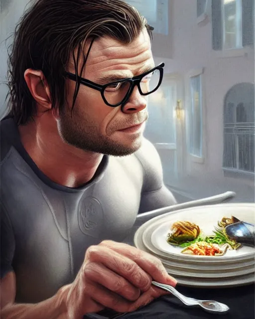Prompt: a small man wearing glasses & cycling shorts having dinner with chris hemsworth, elegant, real life skin, intricate, high detailed, artstation, concept art, smooth, sharp focus, art by artgerm and greg rutkowski