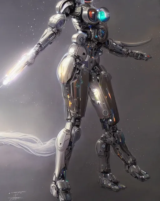 Prompt: cyborg princess of the light, full body action, super complex robot suit, fantasy, intricate, elegant, highly detailed, digital painting, artstation, concept art, smooth, sharp focus, illustration, by artgerm and greg rutkowski and Ralph McQuarrie