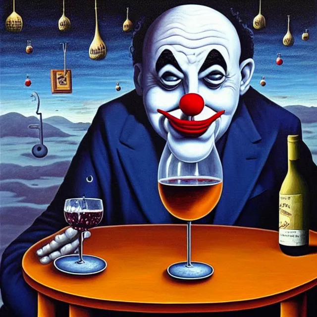 Image similar to an oil on canvas painting of a sad clown sitting by himself drinking wine in a bar, surrealism, surrealist, cosmic horror, rob gonsalves, high detail