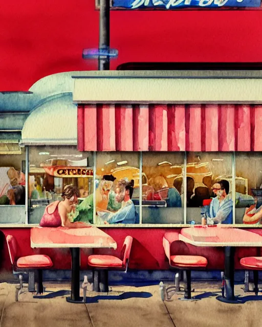 Image similar to closeup watercolor profile portrait of a 1 9 5 0 s diner, hyper realistic, artstation, illustration, digital paint, matte paint, vivid colors, bright, cheerful, detailed and intricate environment