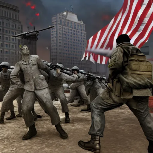 Image similar to The war between the Soviet Union and America, the action takes place in New York, far away against the background of the Statue of Liberty, a lot of soldiers and military equipment, a lot of explosions and tracer bullets, a lot of ruins, a very epic battle, the style of the picture game world in conflict