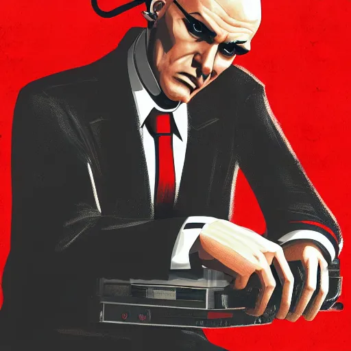 Image similar to a portrait of agent 4 7 from hitman wearing headphones, sitting in a room full of vinyl records, dark background, red rim light, highly detailed, digital art, artstation, concept art