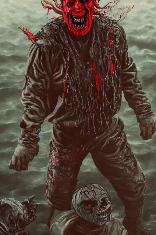 Image similar to a full body high detail fantasy portrait oil painting illustration of slipknot band in a lake of blood by justin sweet with face and body clearly visible, insane, realistic proportions, d & d, rpg, forgotten realms, artstation trending, high quality, sombre mood, artstation trending, muted colours, entire person visible!