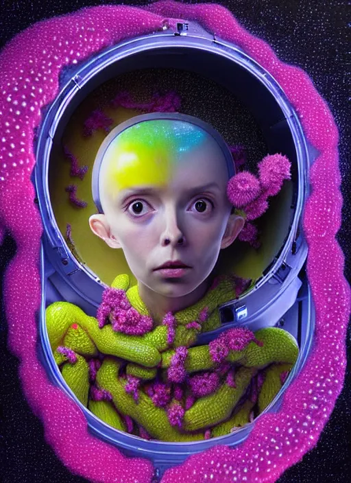 Prompt: hyper detailed 3d render like a Oil painting - kawaii portrait in spaceship (an astronaut with advanced suit like a skeksis from dark crystal that looks like millie bobby brown and Krysten Ritter) seen Eating of the Strangling network of yellowcake aerochrome and milky Fruit and His delicate Hands hold of gossamer polyp blossoms bring iridescent fungal flowers whose spores black the foolish stars by Jacek Yerka, Ilya Kuvshinov, Mariusz Lewandowski, Houdini algorithmic generative render, Abstract brush strokes, Masterpiece, Edward Hopper and James Gilleard, Zdzislaw Beksinski, Mark Ryden, Wolfgang Lettl, hints of Yayoi Kasuma, octane render, 8k