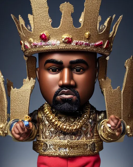 Image similar to highly detailed closeup, face profile portrait of a tin toy kanye west as a fairytale king wearing a crown and sitting on a throne, robes, depth of field, nicoletta ceccoli, mark ryden, lostfish, max fleischer, breathtaking, detailed and intricate environment, 8 k resolution, hyperrealistic, octane render