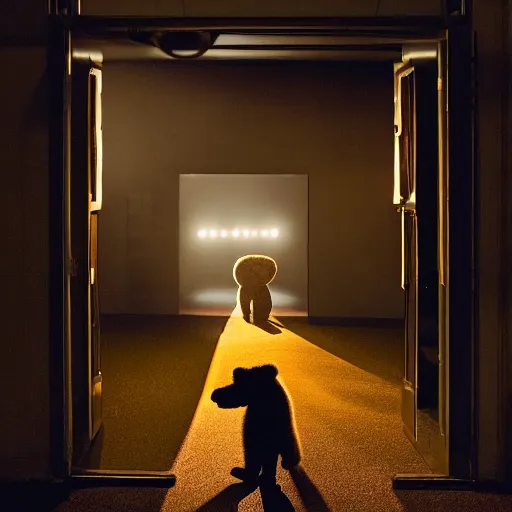 Image similar to photograph of a small bear mascot with a spotlight on him walking through a large doorway