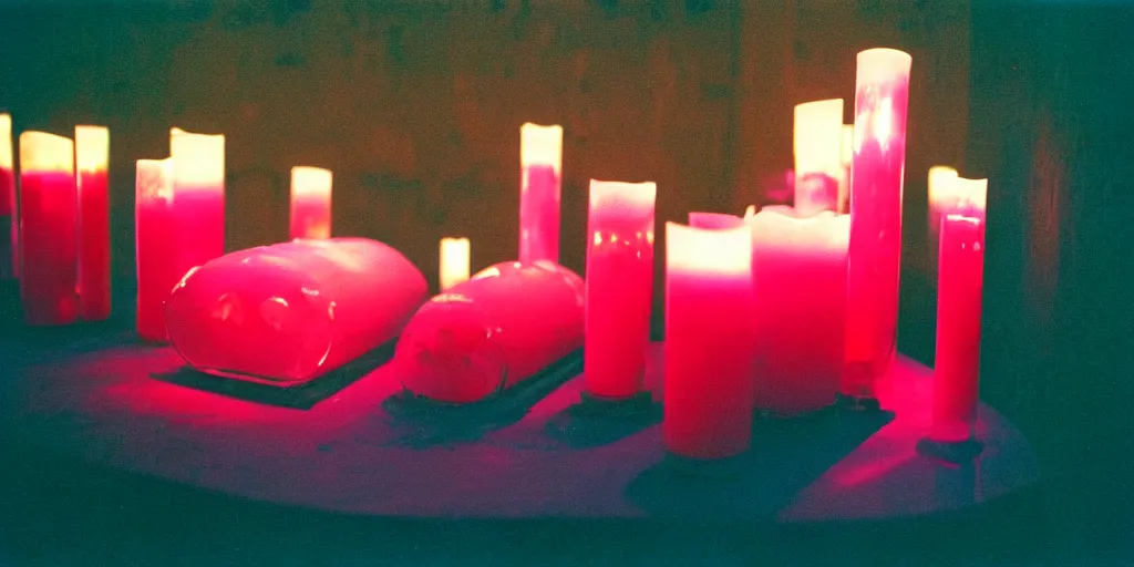 Image similar to macro of a vessel full of blood, it's in the corner of a room that's lit with candles, turquoise and pink lighting, 1980s, cinestill 800t