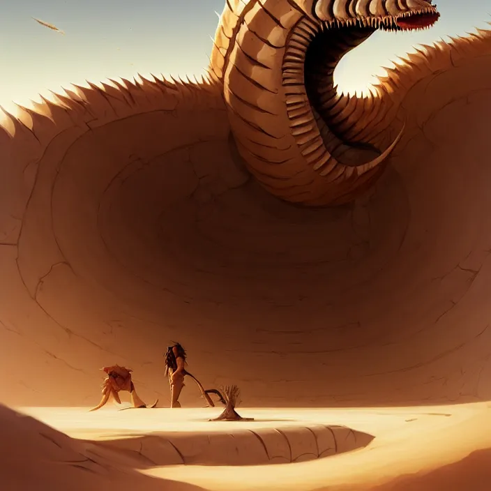 Image similar to style artgerm, joshua middleton, hubert robert, a giant sandworm creature in the desert, long sharp teeth, sand swirling, detailed, desert background setting, volumetric lighting