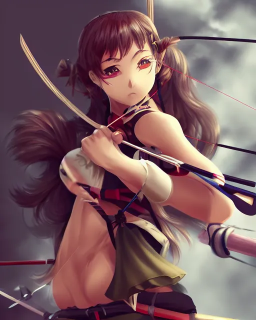 Image similar to anime girl with a bow and arrow, female archer, angry, warrior, realistic face, heroes archery japanese cartoon woman, artstation trending, concept art, digital painting