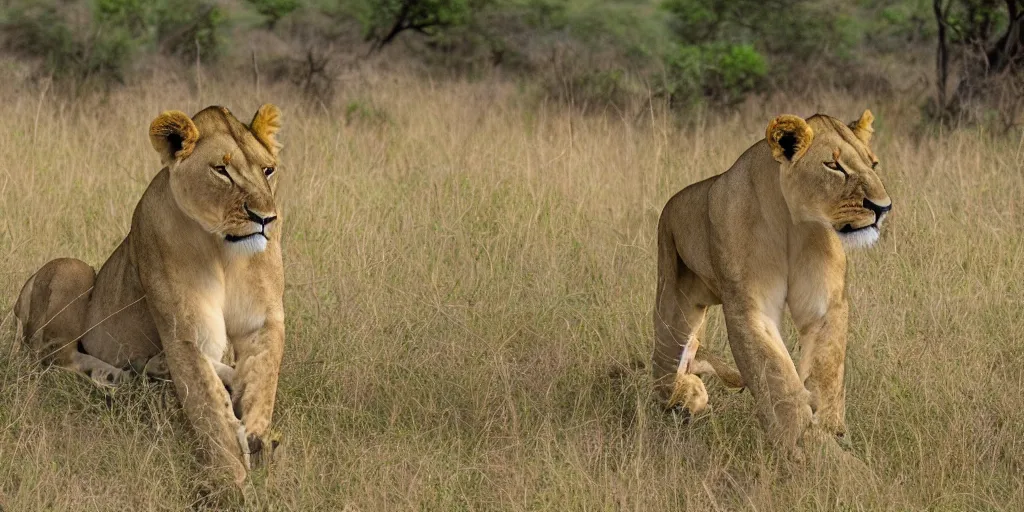 Prompt: award - winning panoramic nature photography, a scenic picture of a flamboyant lioness celebrating her birthday on the serengeti. balloons are in the background. birthday party setting. extremely detailed lioness. hyperrealistic, 8 k