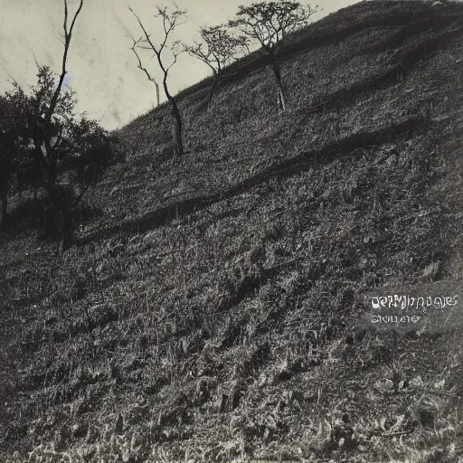 Image similar to a black and white photo of a tree on a hill, 1 9 2 0