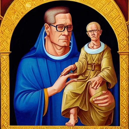 Prompt: hank hill in a white tshirt as the saint of propane surrounded by blue fire, renaissance religious painting, painting by carlo crivelli, late gothic religious paintings, byzantine religious art, trending on artstation