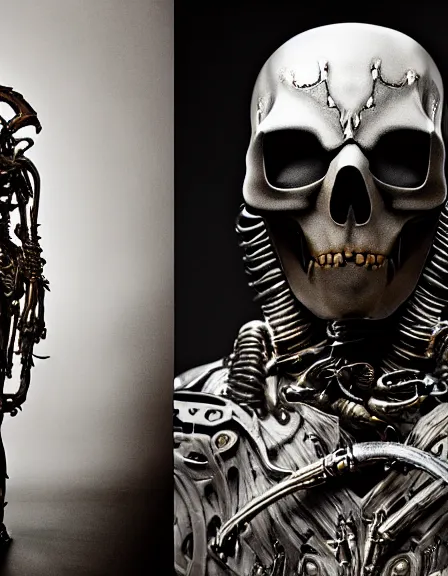 Prompt: still frame from Prometheus by Giger, lich king Dr doom in ornate bio cybernetic bone armour and skull mask helmet in bone chapel by Wayne Barlowe by peter Mohrbacher, dressed by Alexander McQueen and by Neri Oxman, metal couture hate couture editorial