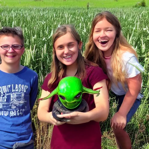 Image similar to a photograph of students smiling while holding an alien they found in a field