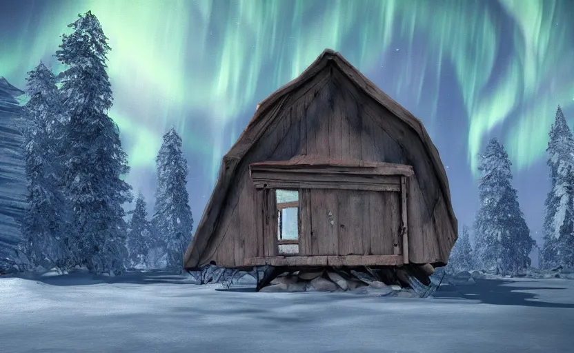 Image similar to A abandoned wooden hut in a winter forest environment concept, northern lights, horror game, artstation