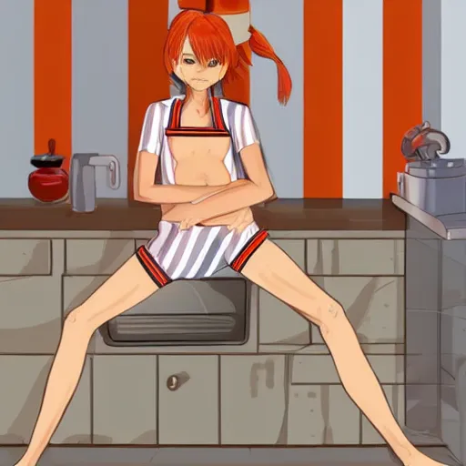 Prompt: a girl heats a bathhouse, height 1 7 8, orange hair, garden, firewood, brunette with red stripes on her hair, gray eyes, good hips and long legs, dressed in a top and shorts