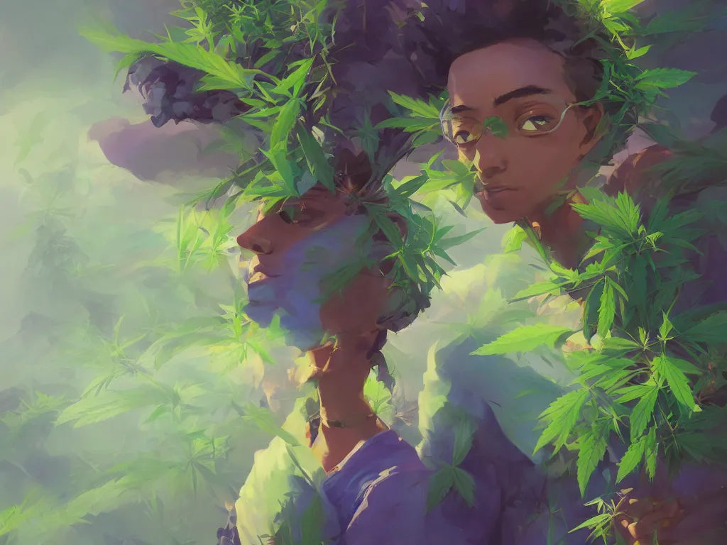 Image similar to kid with green purple flowers of marijuana hemp cannabis, behance hd by jesper ejsing, by rhads, makoto shinkai and lois van baarle, ilya kuvshinov, rossdraws global illumination, golden ratio, symmetrical beauty face