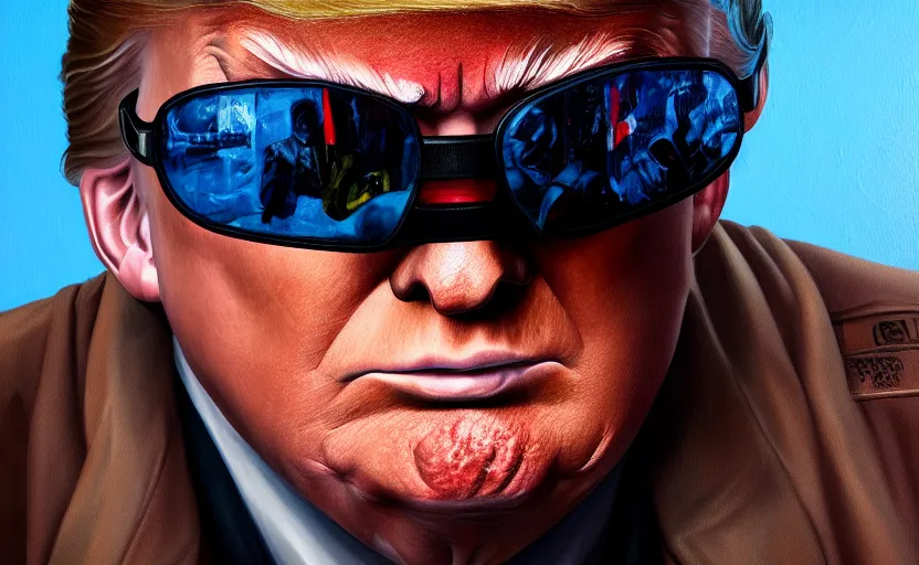Prompt: closeup painting of donald trump, cyberpunk, wearing light blue shutter shades and a dark brown leather jacket, portrait, hyperdetailed, artstation, cgsociety, 8 k, synthwave by tangerine dream