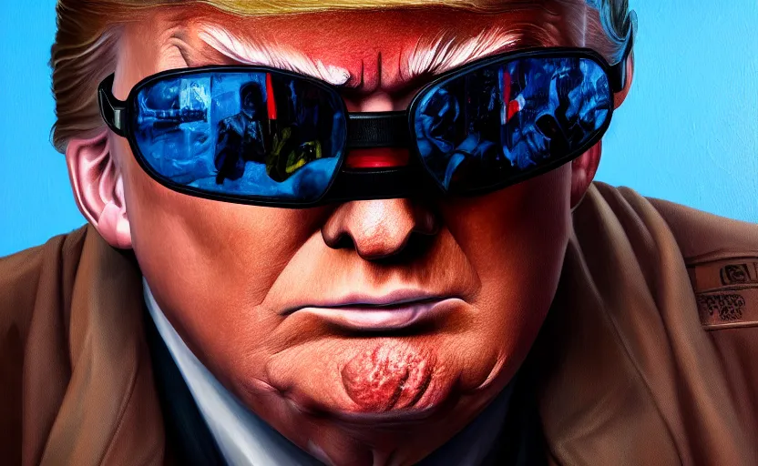 Image similar to closeup painting of donald trump, cyberpunk, wearing light blue shutter shades and a dark brown leather jacket, portrait, hyperdetailed, artstation, cgsociety, 8 k, synthwave by tangerine dream