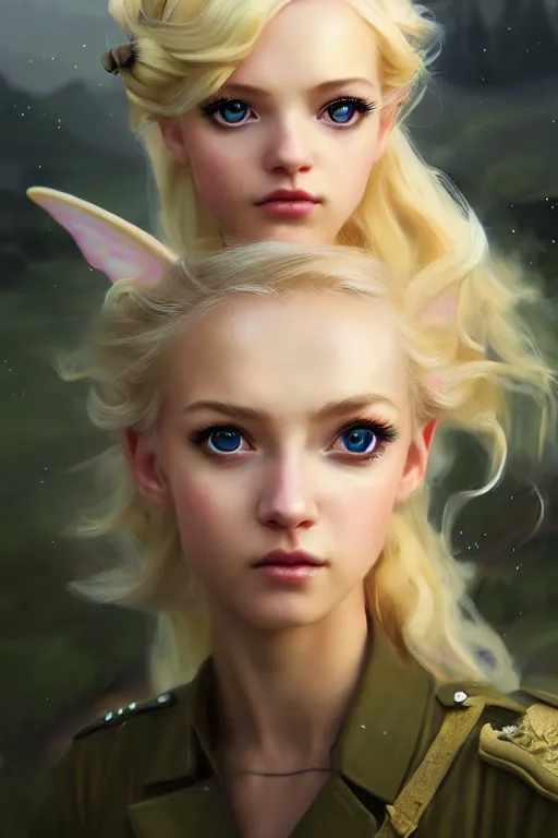 Image similar to cinematic shot of an epic portrait of a cute blonde fairy dressed in military clothes, stylised military clothes, shiny skin, beautiful eyes, beautiful, small details, night setting, realistic poster with volumetric light from craig mallism, artgerm, jeremy lipkin and michael garmash, unreal engine, radiant light, digital art, trends at art station, a masterpiece