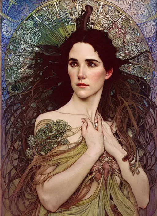 Prompt: realistic detailed painting of Jennifer Connelly by Alphonse Mucha, Ayami Kojima, Amano, Charlie Bowater, Karol Bak, Greg Hildebrandt, Jean Delville, and Donato Giancola, Art Nouveau, Neo-Gothic, gothic, rich deep colors