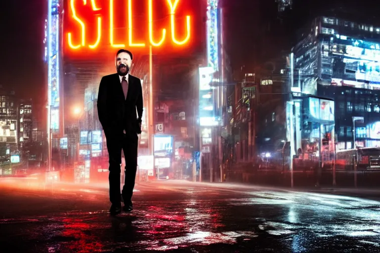 Prompt: a cinematic photograph of ricky gervais walking through a dystopian city street with a halo around his head, rain falls, neon advertisement light up the street, ultra realistic, high definition