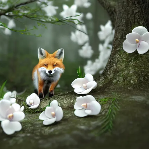 Prompt: small red fox in a forest full of white magnolias, fantasy, octane render, highly detailed