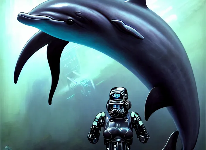Image similar to wideangle!! portrait shot of a cyberpunk dolphin with robotic implants in star wars, intricate, elegant, highly detailed, centered, digital painting, artstation, concept art, smooth, sharp focus, illustration, artgerm, tomasz alen kopera, peter mohrbacher, donato giancola, joseph christian leyendecker, wlop, boris vallejo