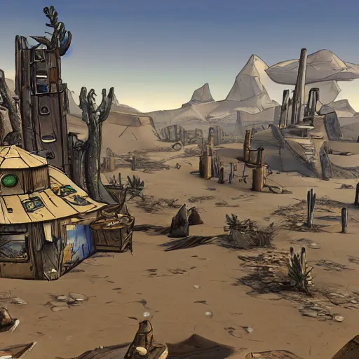 Prompt: An ivory tower sparkling in a desert oasis surrounded by a small city of ramshackle huts in the style of borderlands by gearbox sodtware, cel-shaded