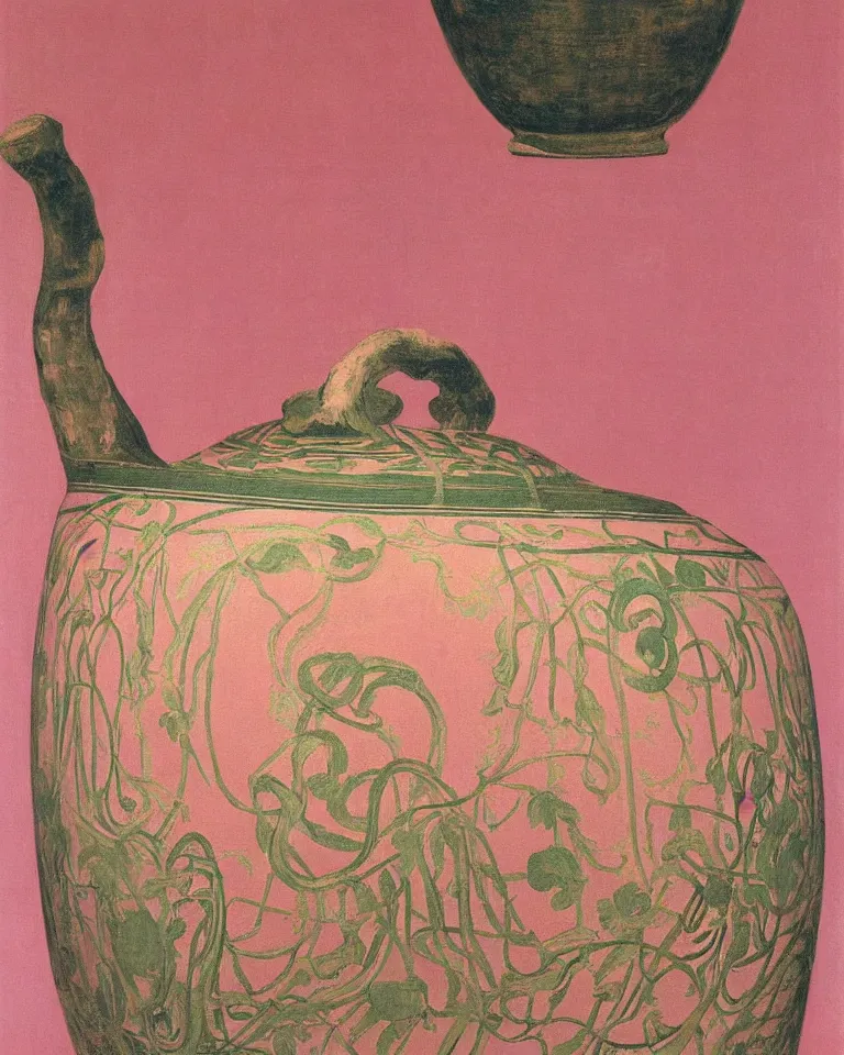 Prompt: achingly beautiful print of intricately painted ancient greek krater on a pink background by rene magritte, monet, and turner.