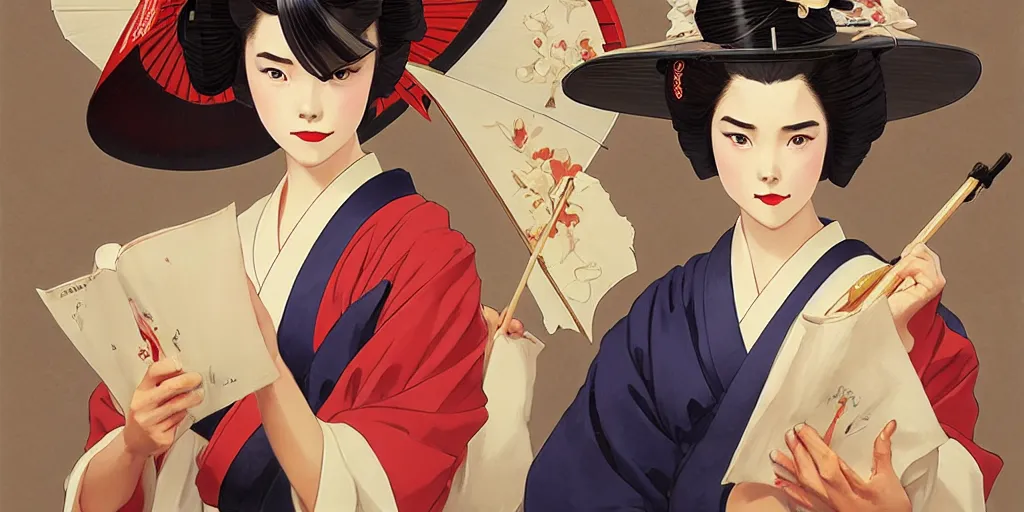 Image similar to geisha school, in the style of studio ghibli, j. c. leyendecker, greg rutkowski, artgerm