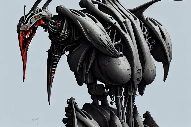 Image similar to pterodactyl in a cyborg mech suit, by alexandre ferra, zezhou chen, peter gric, mohamed reda and hr giger, hyper detailed line art, screen print, character concept art, realistic, coherent, octane render, zbrush central, behance hd, hypermaximalist