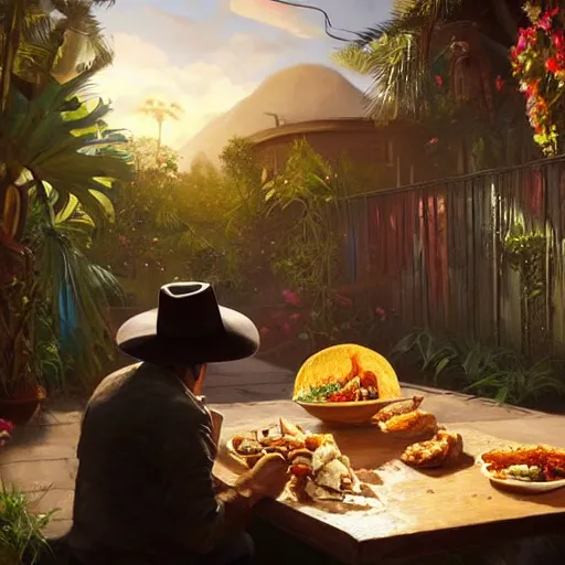 Prompt: epic masterpiece of cinematographic hyperrealism where a mexican with a hat appears eating a taco in the background you can see the seat of san jasinto. realistic shaded lighting poster by craig mallismo, artgerm, jeremy lipkin and michael garmash, unreal engine, radiant light, detailed and intricate environment, digital art, art station trends