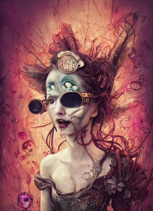 Image similar to alice in wonderland, angry, scary, cheeky, steampunk googles, highly detailed, cinematic, 8 k, by megan duncanson, benjamin lacombe, adrian borda, stanley artgermm, tom bagshaw, craig mullins, carne griffiths, ayami kojima, beksinski, giger, trending on deviantart, hyper detailed, horror, full of colour