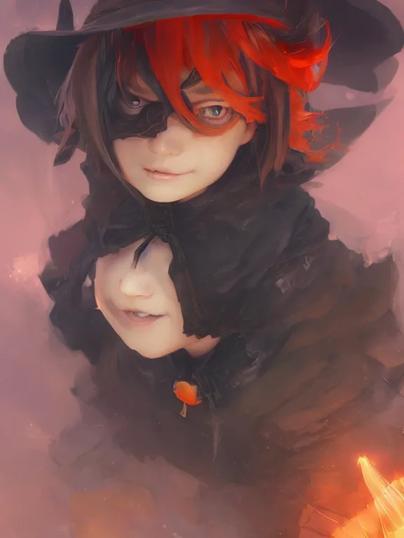 Image similar to Full shot of a cute mischievous young witch about to get up to some trouble. Black and Orange palette. By Ruan Jia and Artgerm and Range Murata and WLOP and CLAMP. Key Art. Fantasy Illustration. award winning, Artstation, intricate details, realistic, Hyperdetailed, 8k resolution.