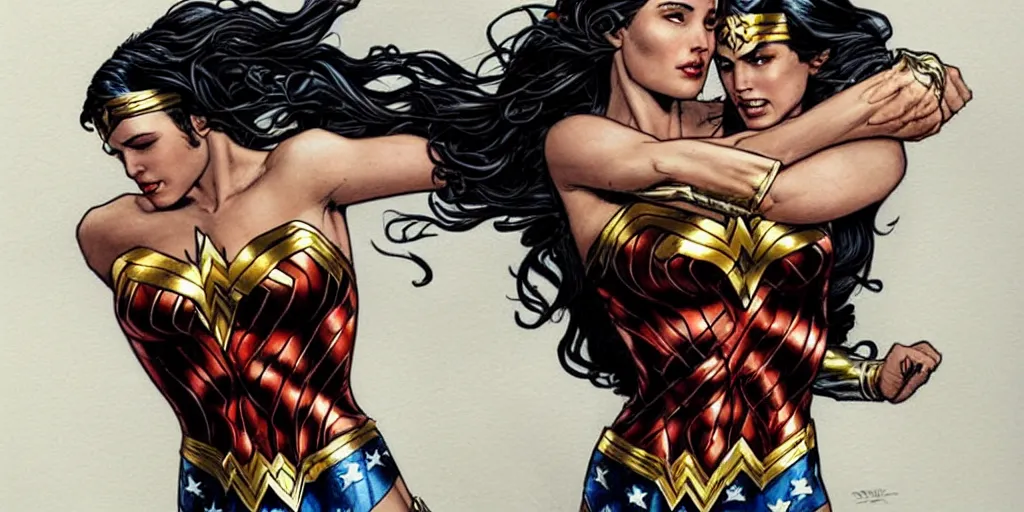 Prompt: Wonder Woman carrying a beautiful woman in her arms, intricate, elegant, highly detailed, DC comics, graphic novel, art by stanley artgerm