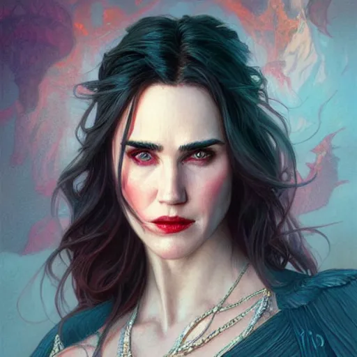 Image similar to Portrait of Jennifer Connelly as a vampire, D&D, muscular, colorful pastel fantasy, intricate, elegant, highly detailed, digital painting, artstation, concept art, smooth, sharp focus, illustration, art by artgerm and greg rutkowski and alphonse mucha